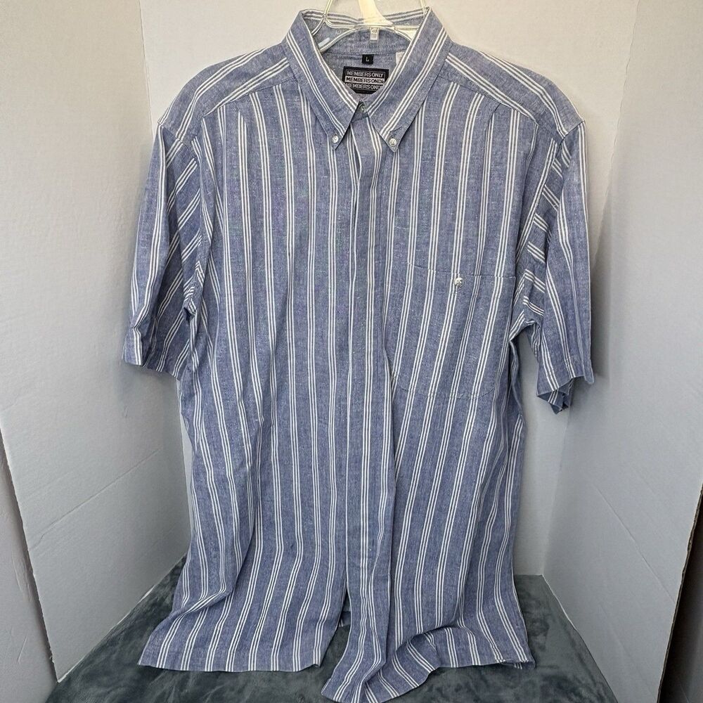 Members Only 90s Mens Blue White Striped Short Sleeve Button Down Shirt L Preppy